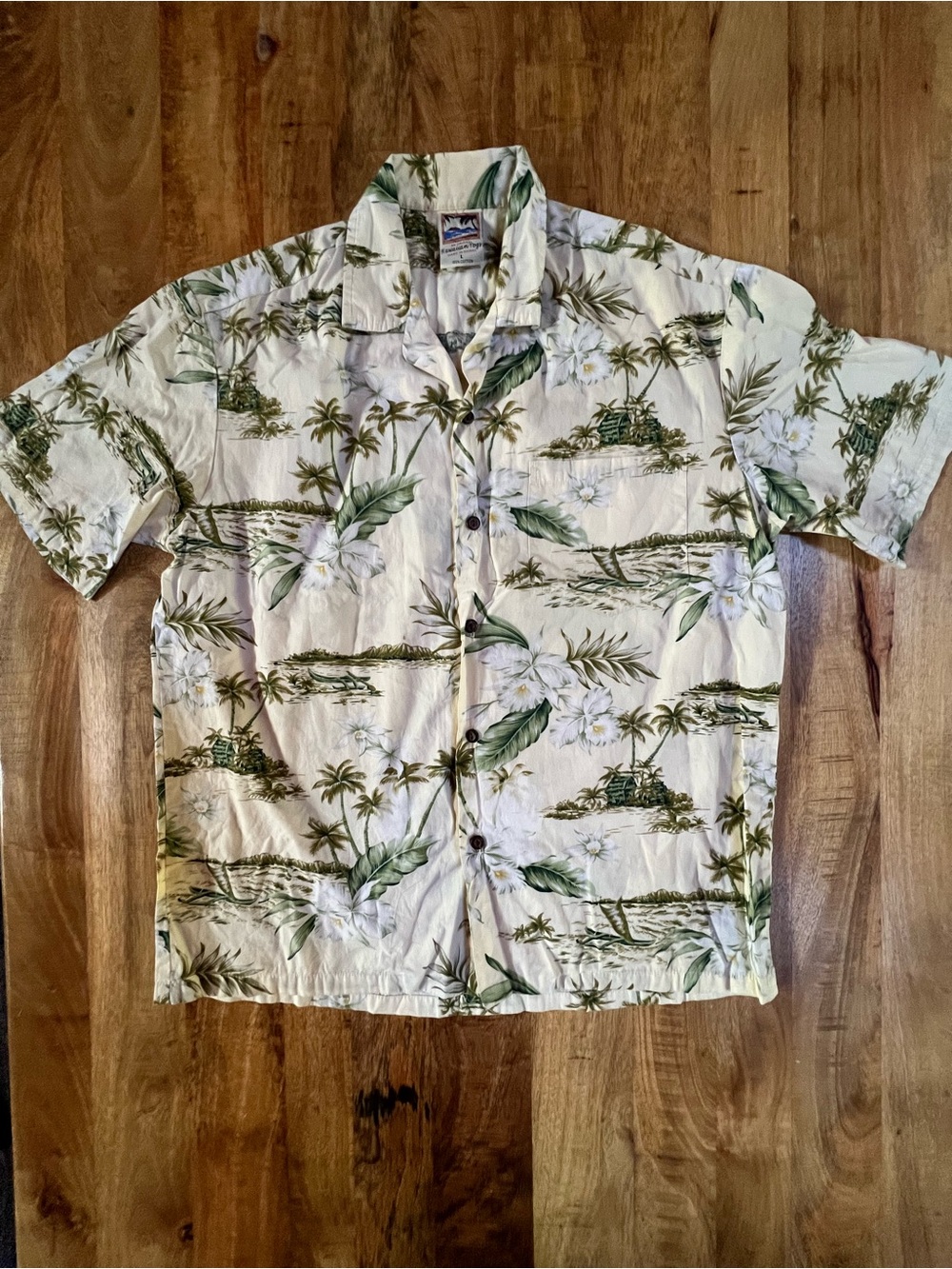 Classic Cream Hawaiian Button-Down Shirt with Green Tropical Print